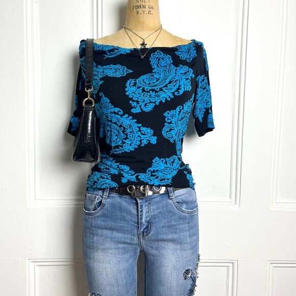 Inc short sleeve black and blue paisley print top with high cowl neckline - Picture 1 of 6